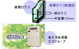 複層ガラス採用、省エネ給湯器エコジョーズ