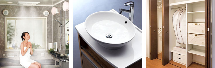 自宅でエステスペース ミストサウナ、おしゃれな洗面化粧台欧風トレンドのベッセルシンクを採用、システム収納クローゼット
