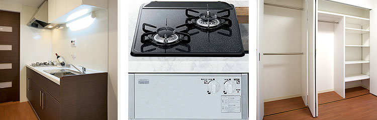 たまご型浴槽、スタイリッシュなシステムキッチン、大型システム収納クロゼット